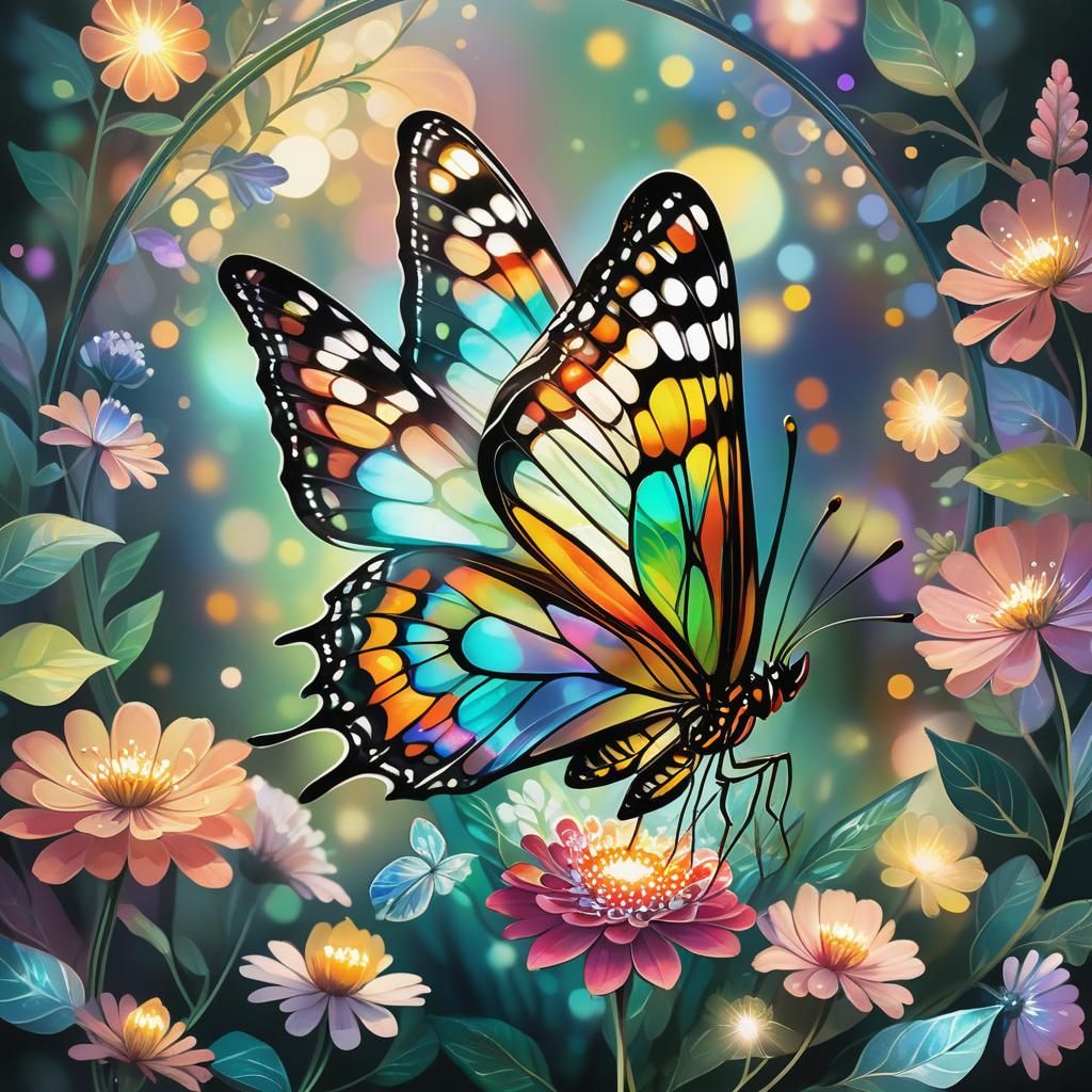 Iridescent Butterfly on Flower in Stained Glass Style