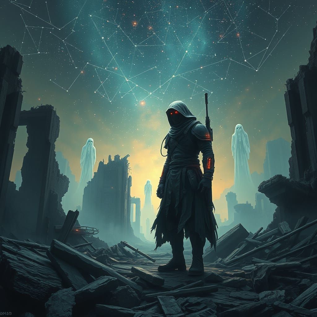 Spectral Soldier Patrols Ruined City Under Alien Sky