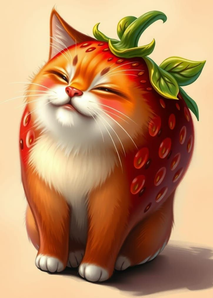 Whimsical Cat-Strawberry Hybrid in Pastel Tones