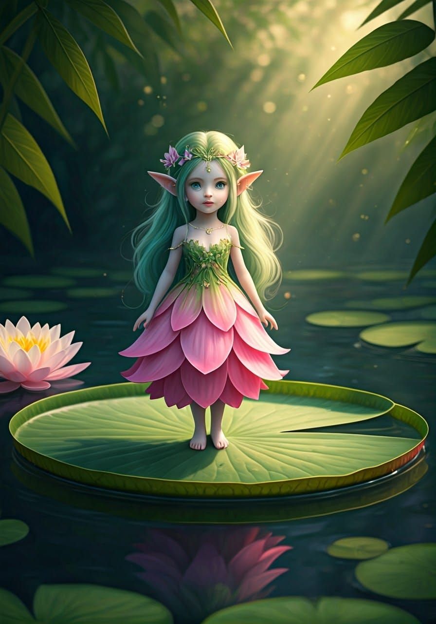 Ethereal Water Elf in Serene Pond Landscape