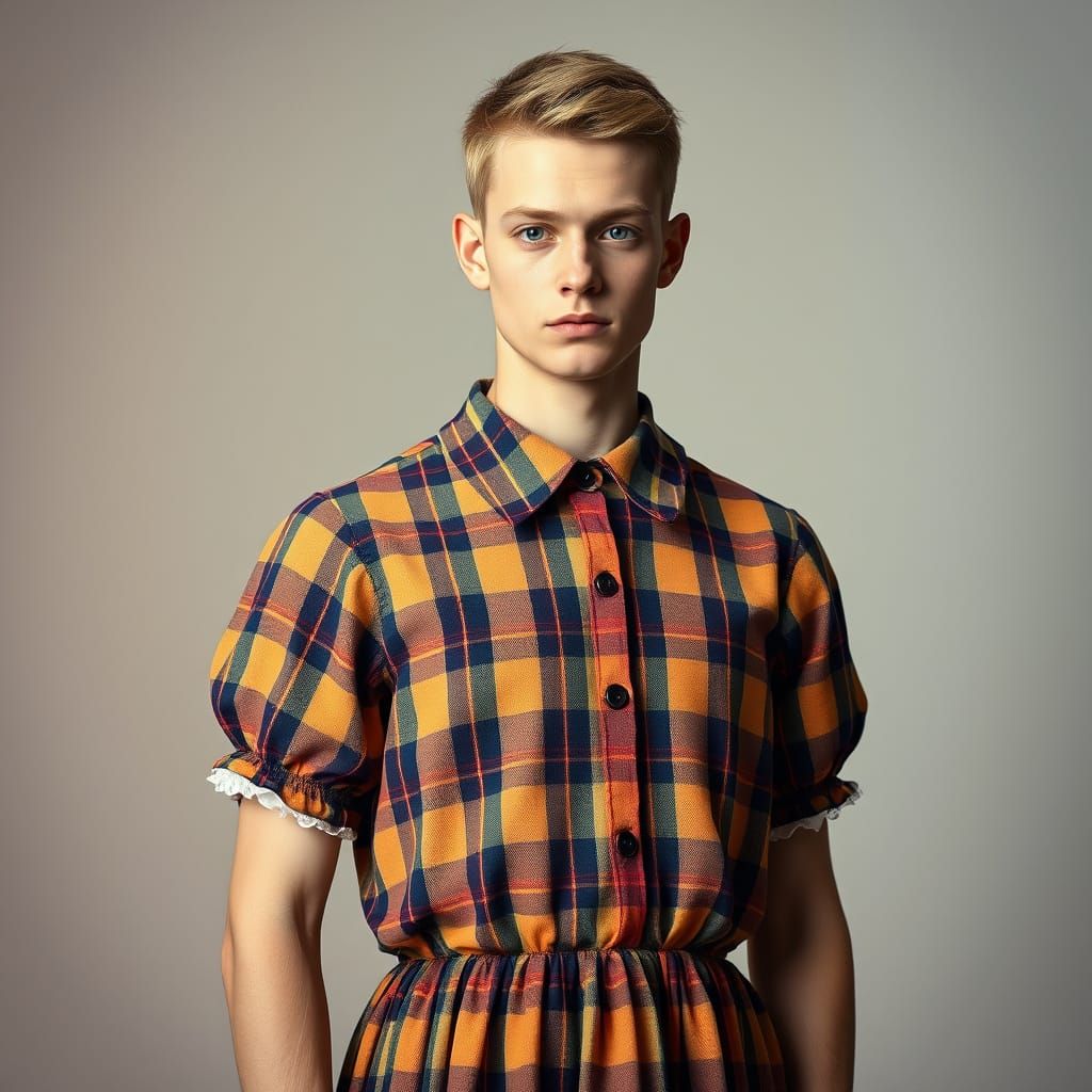 Confident Young Man in Bold Plaid Dress