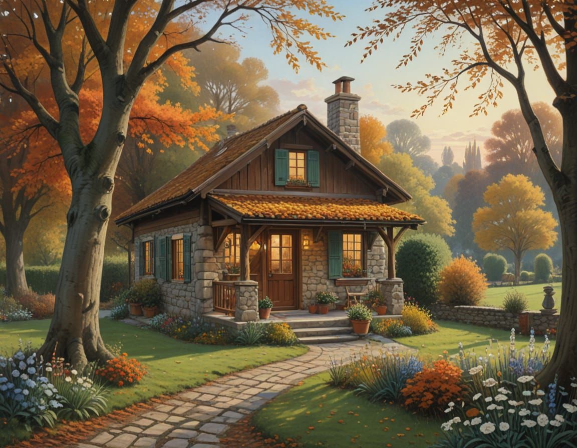 Autumn Cabin with Fireplace as Oil Painting