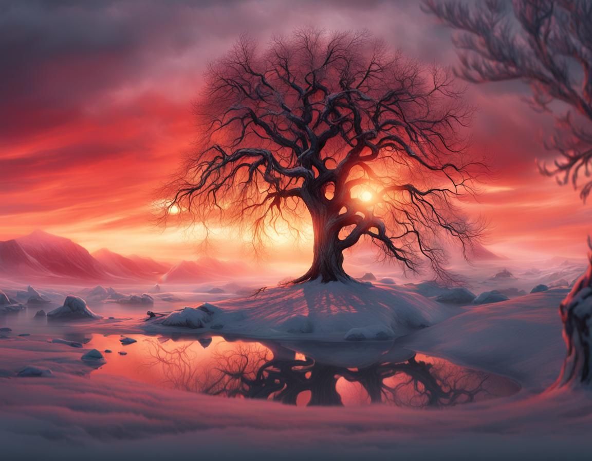 Lone Tree in Icy Land with Fiery Sky