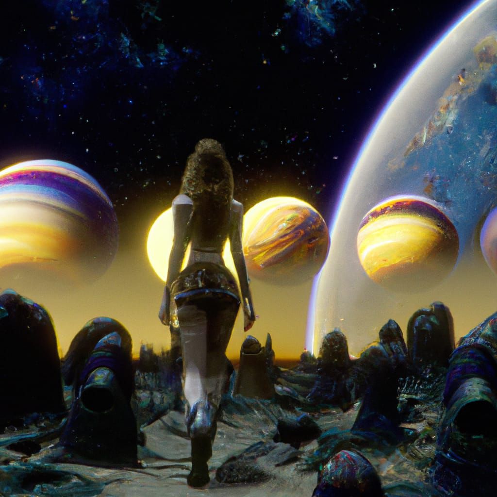 beautiful woman steps toward eternal silence in space stars bright future planets moons photorealistic detail good compo...