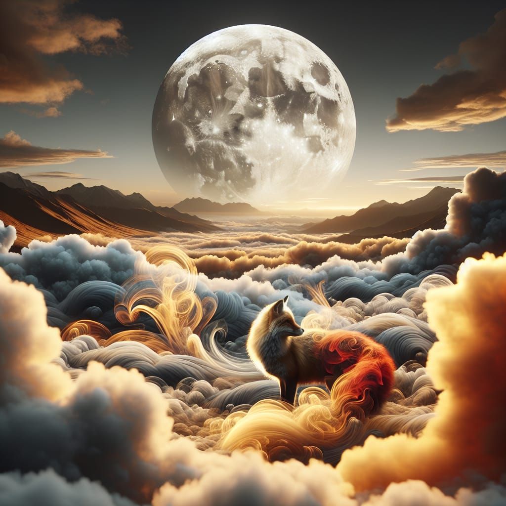 Smoky Golden Fox Under Full Moon in Ultra-Realism