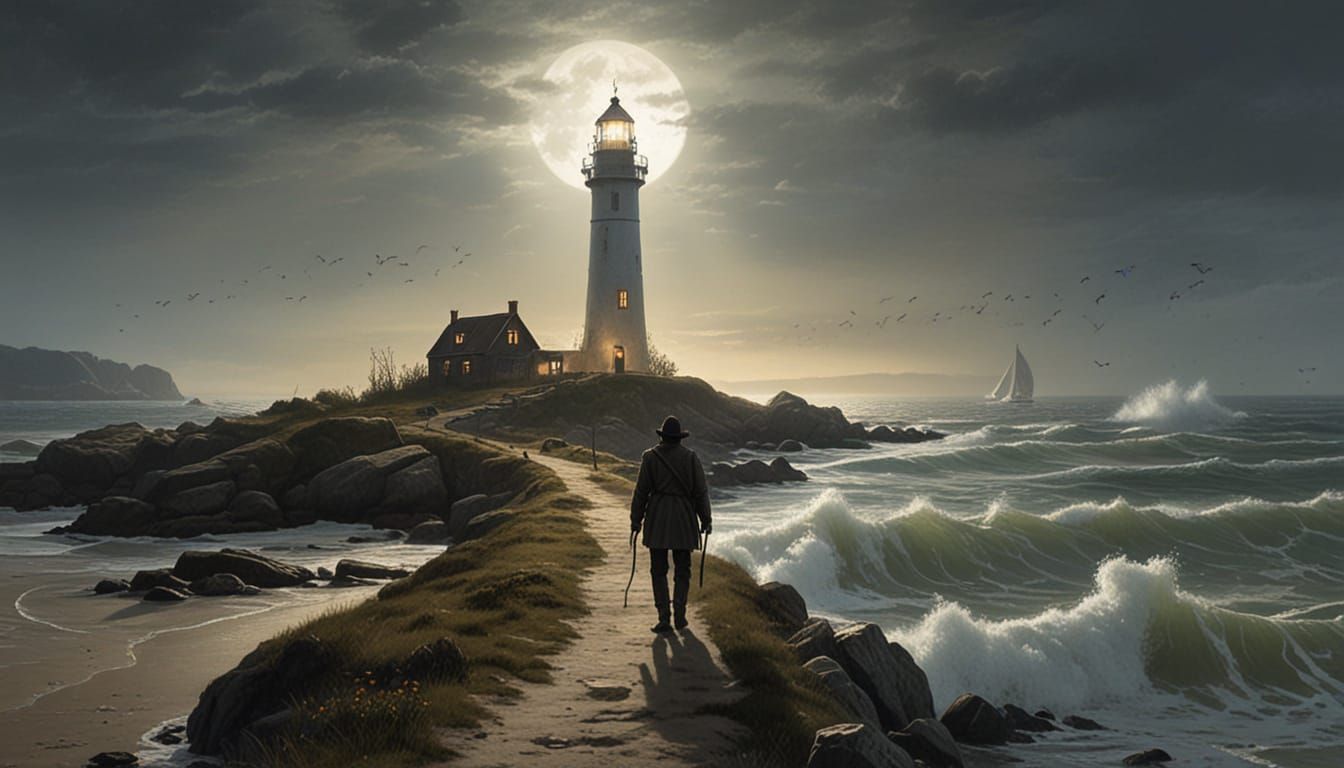 Romantic Lighthouse Keeper in a Whimsical Coastal Scene