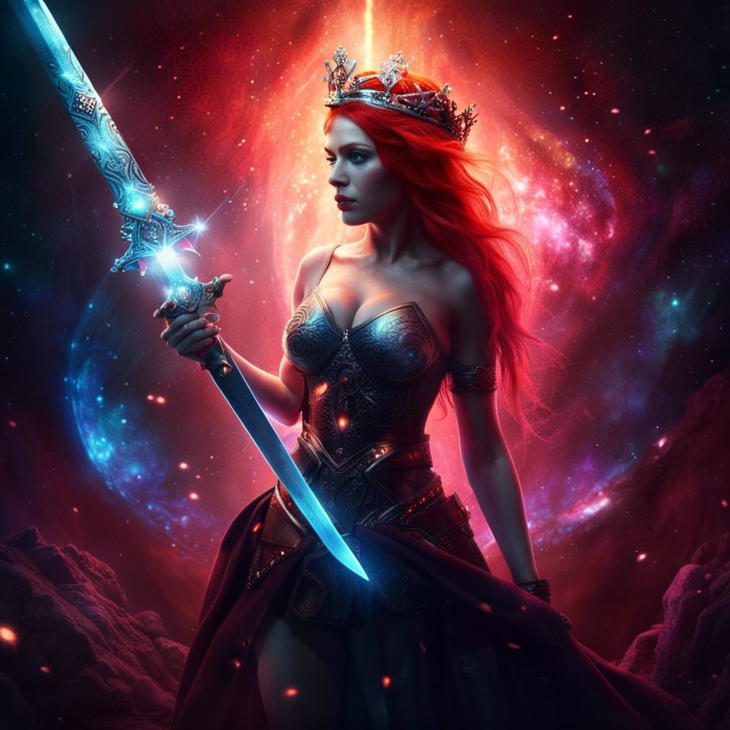 Red-Haired Queen with Sword in Cosmic Lights