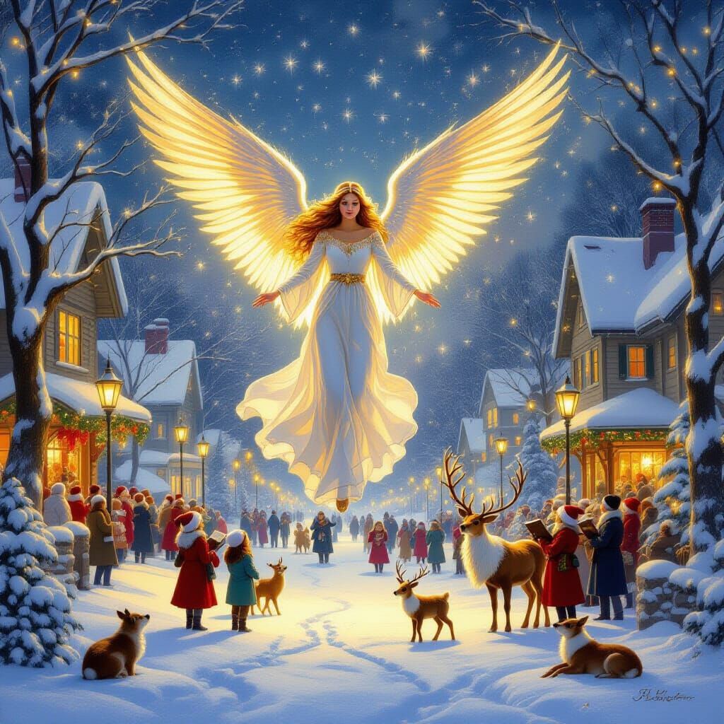 Golden Angel Descends on Snowy Winter Wonderland