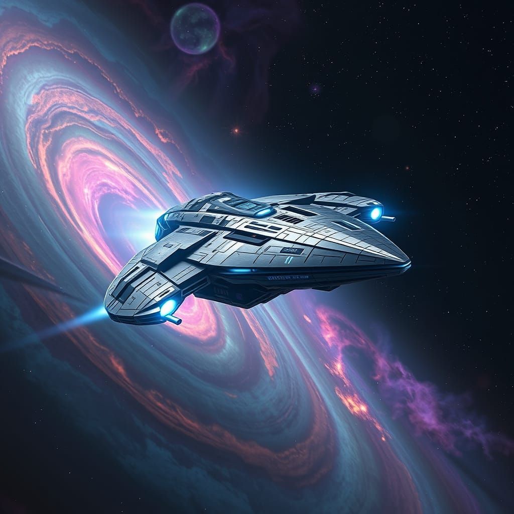 Epic Starship Soaring Through Iridescent Nebula