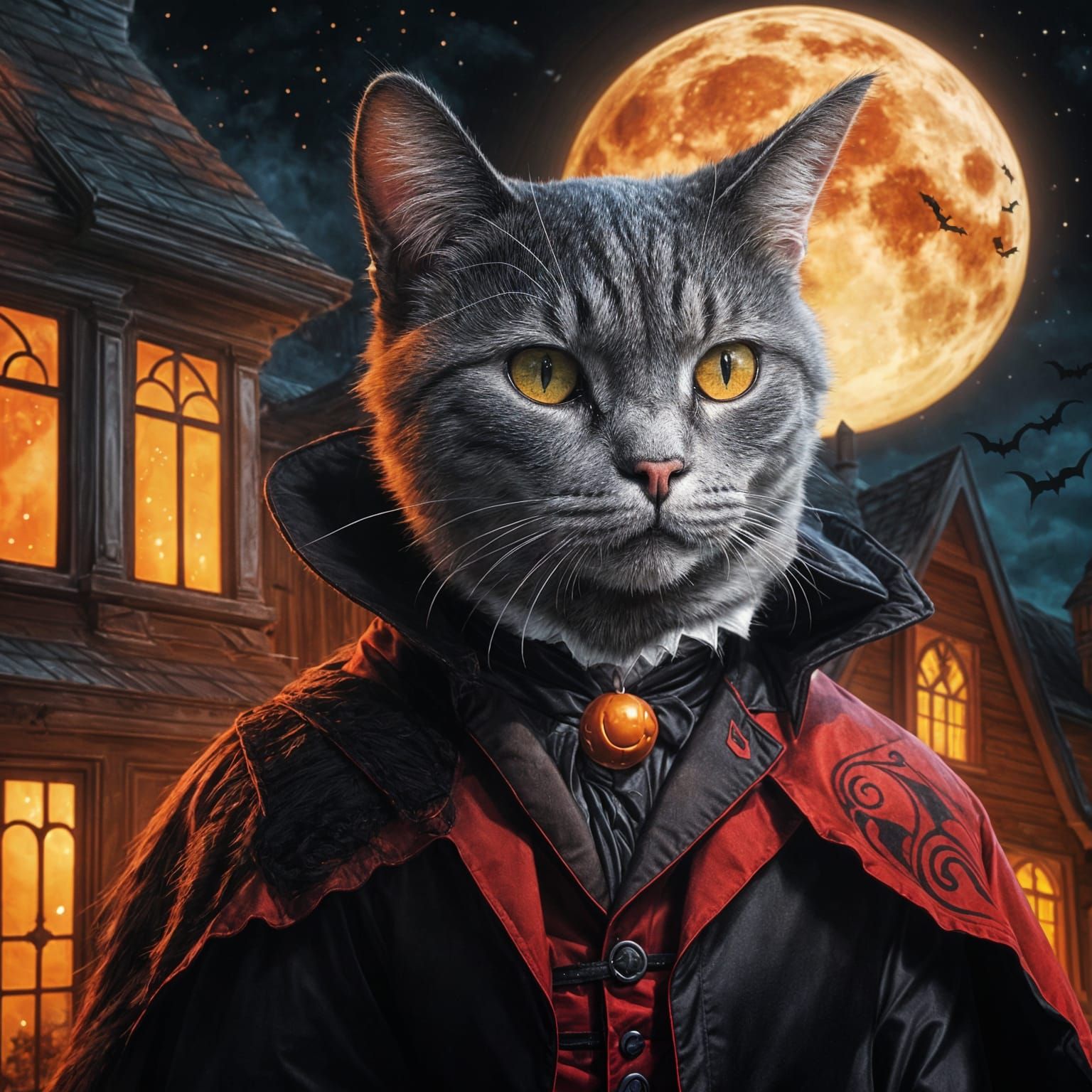 Cat in Dracula Costume Trick-or-Treating