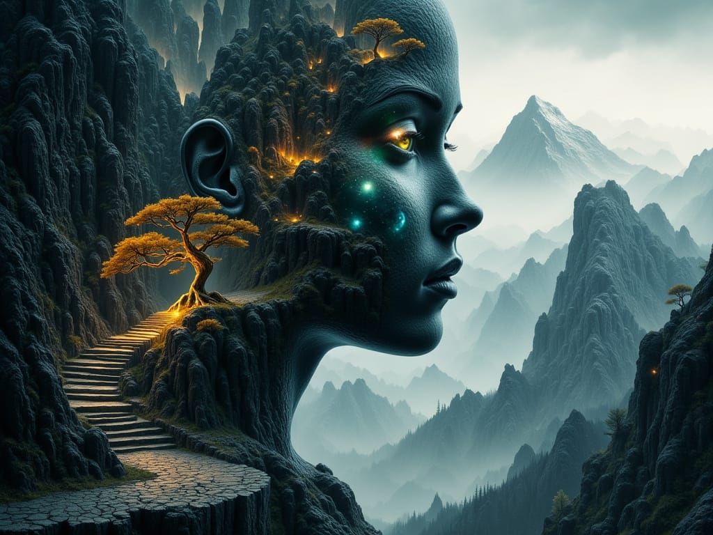 Surreal Portrait of a Woman in a Dreamlike Mountain Landscap...
