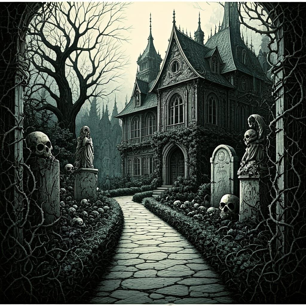 Creepy Pen and Ink Garden of Eerie Statues