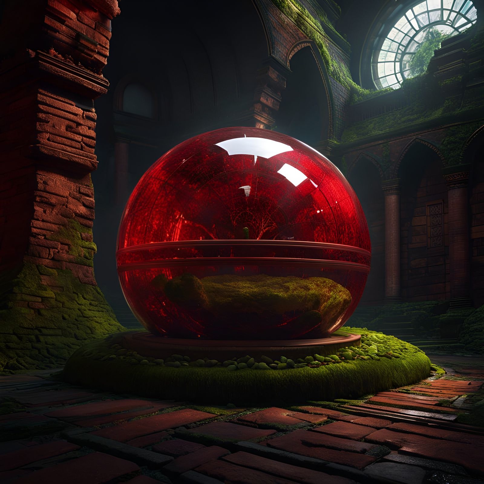 Ethereal Glass Sphere in Gothic Tomb, Detailed 3D Render