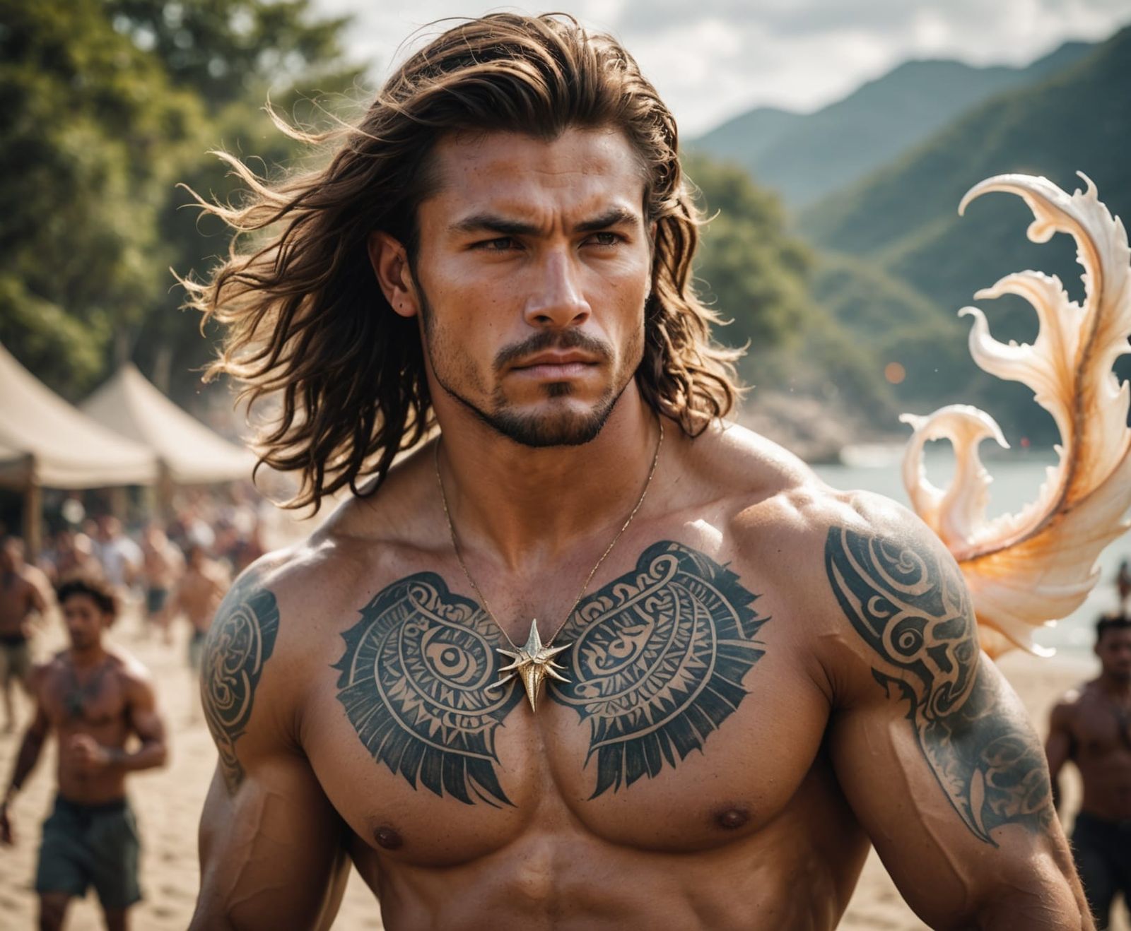 Heroic Muscular Warrior Summons Troops with Conch Shell