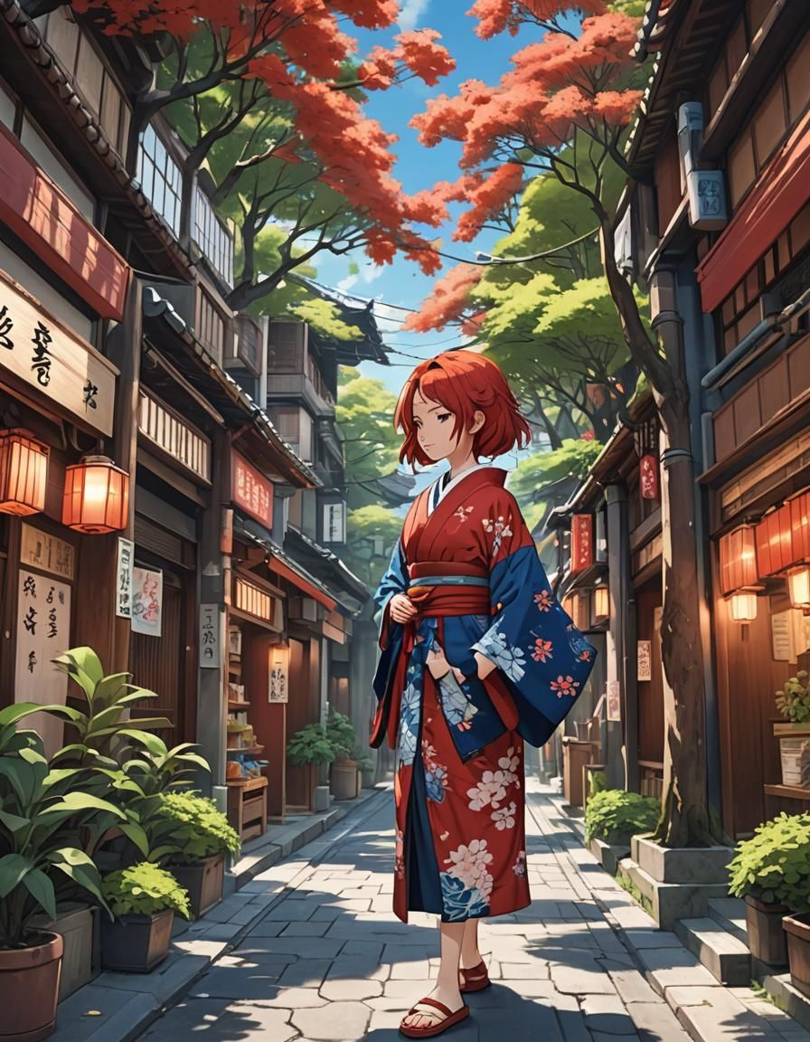 Red-Haired Woman in Kimono on Narrow Anime Street