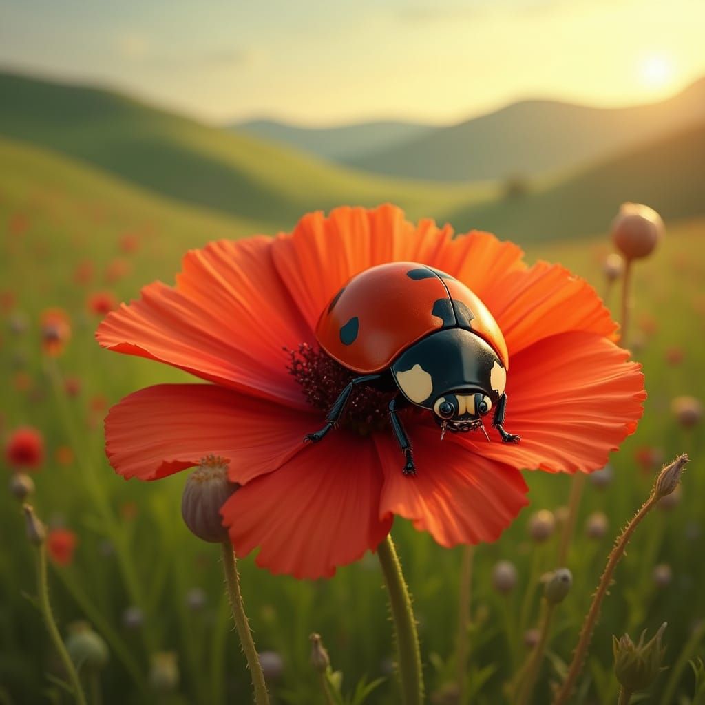 Ladybug on Poppy in Hyperrealistic Style