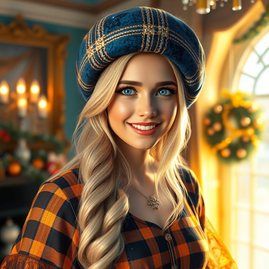 Woman in Plaid Gown in Golden Holiday Room, Alcohol Ink Styl...