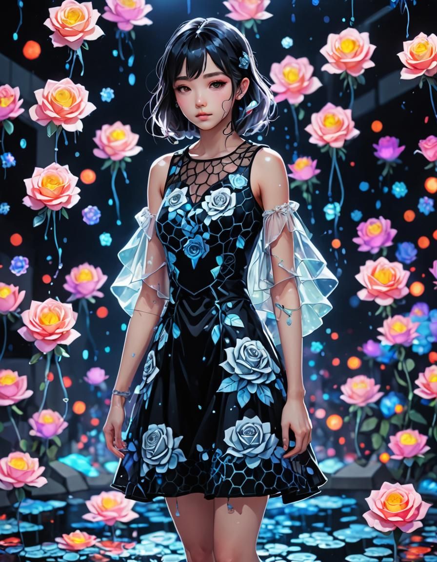 Neon Holographic Honeycomb Dress in Graffiti Style