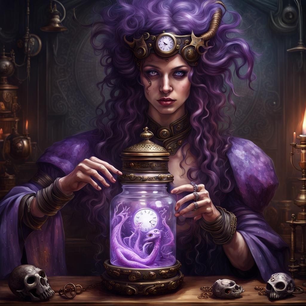 Steampunk Sorceress summoning a purple demon into a magic jar Hyper realistic intricately detailed