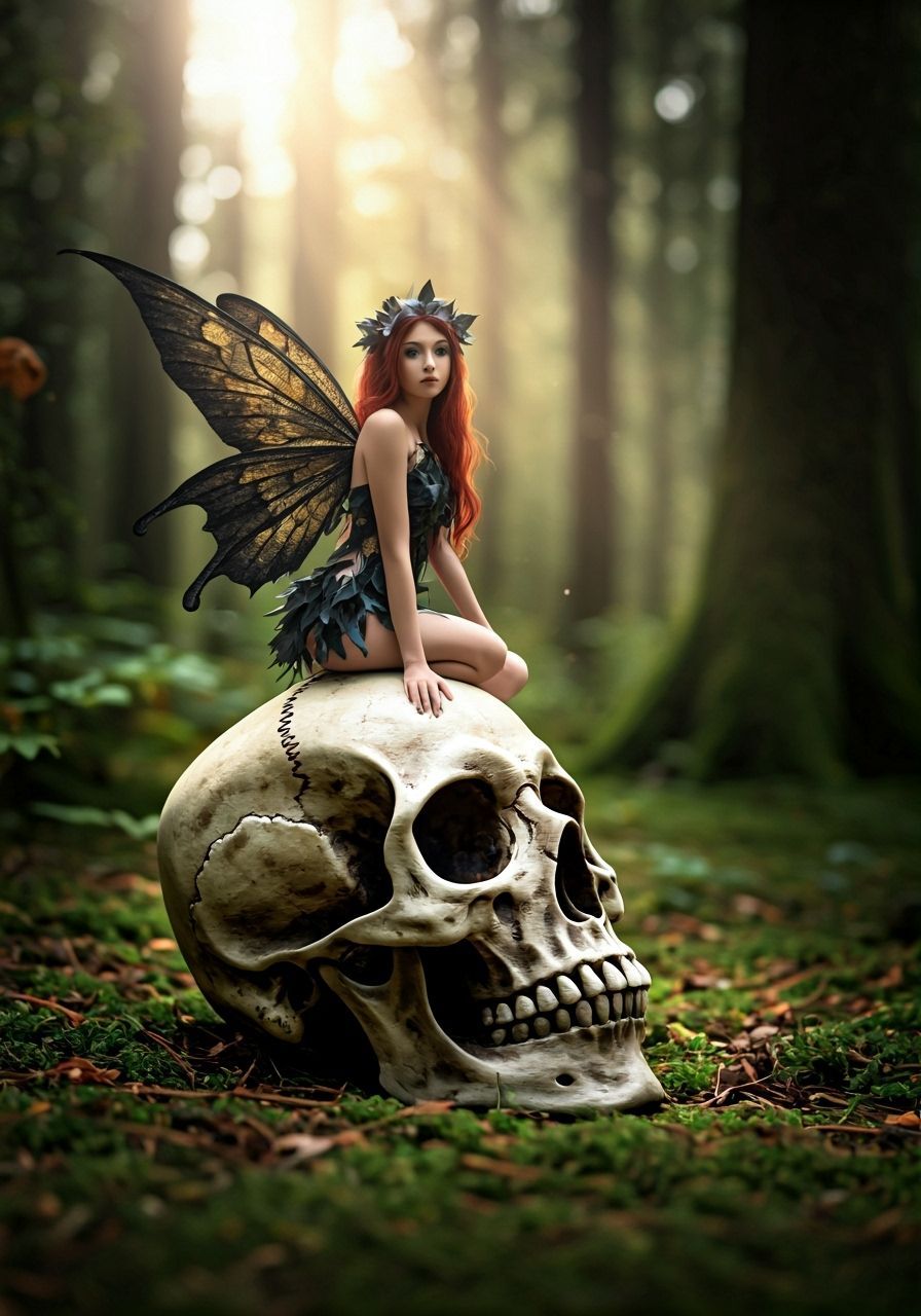 Fairy on Skull in Enchanted Autumn Forest