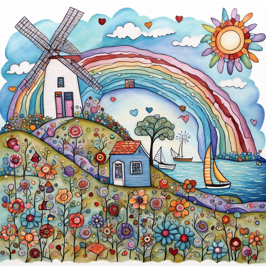 Whimsical Seaside Scene in Folk Art Style