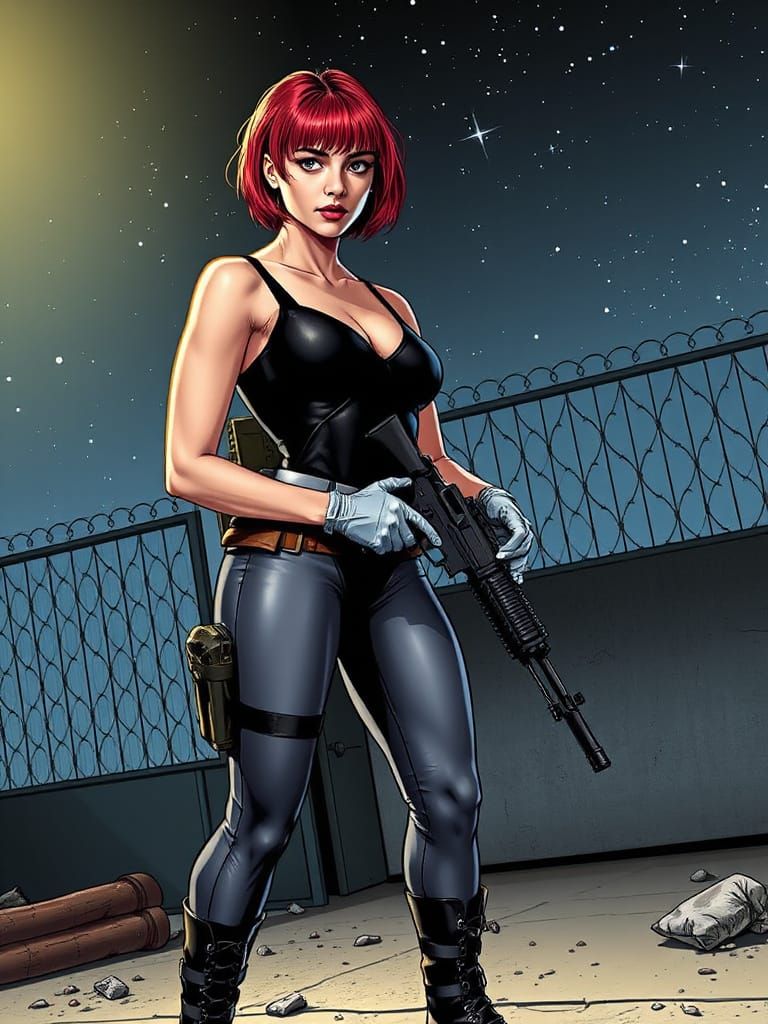 Gritty Female Warrior in Motion Under Starry Night Sky