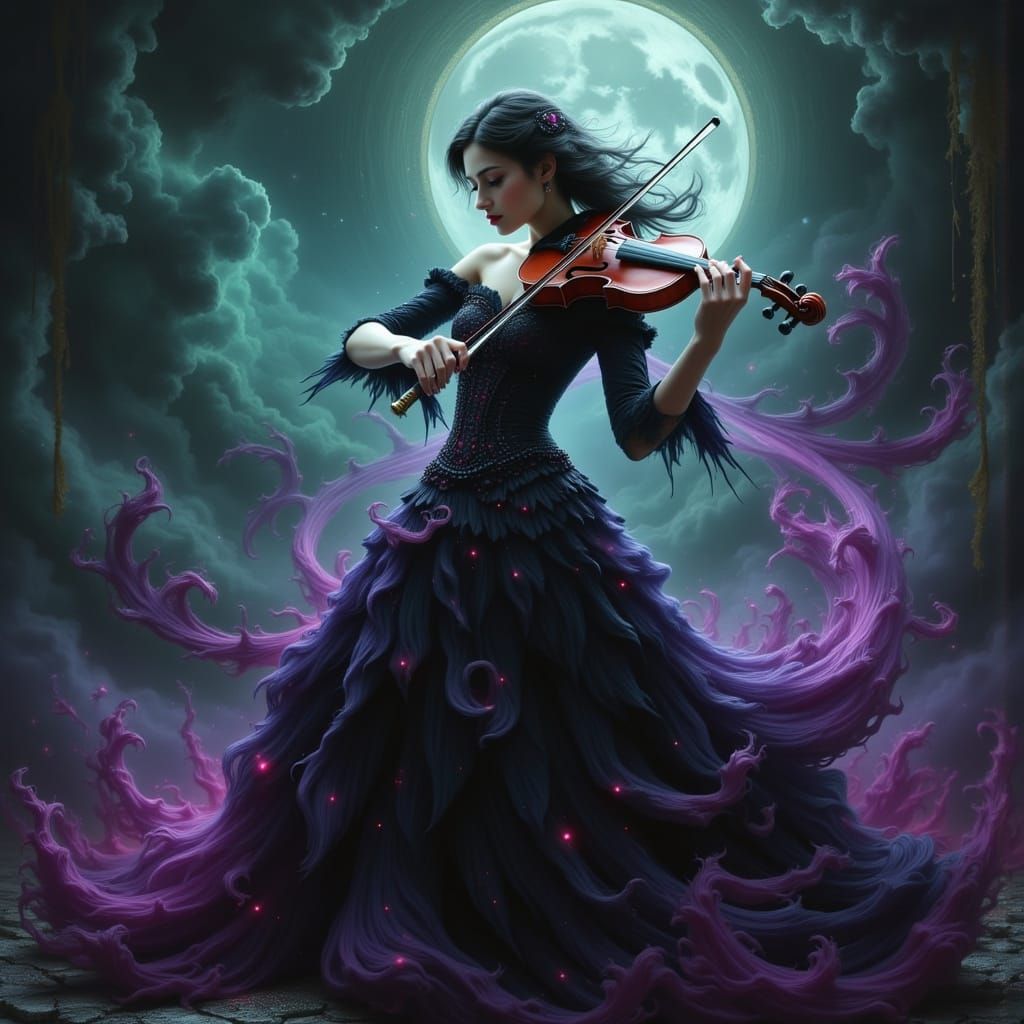 Victorian Woman Plays Violin with Knife, Dark Oil