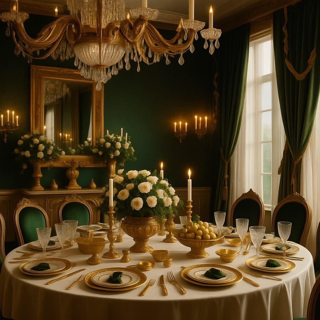 Royal Banquet Hall with Gold Chandelier and Green Flowers