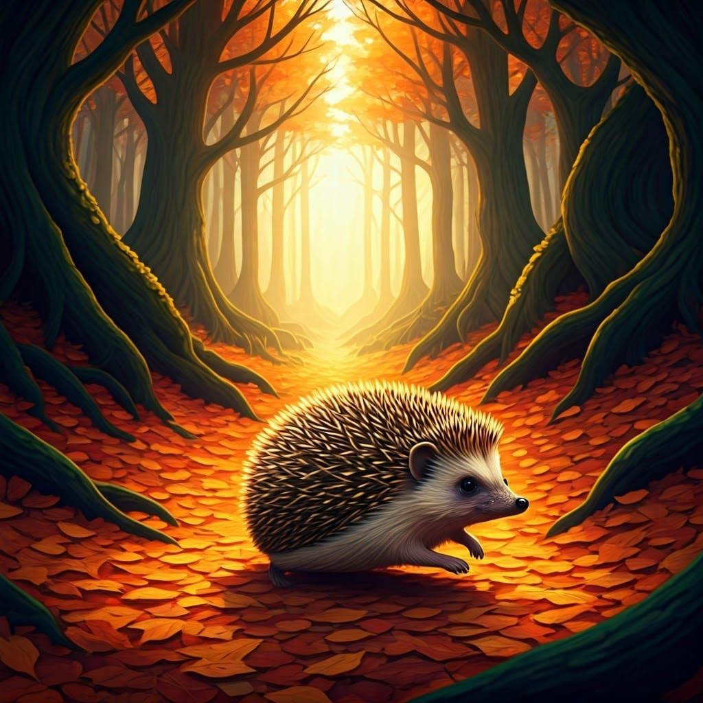 Hedgehog in Autumn Forest, Fantasy Concept Art