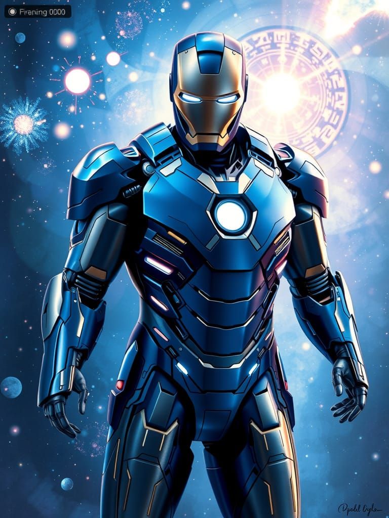 Heroic Ironman in Cobalt Armor Against Cosmic Backdrop