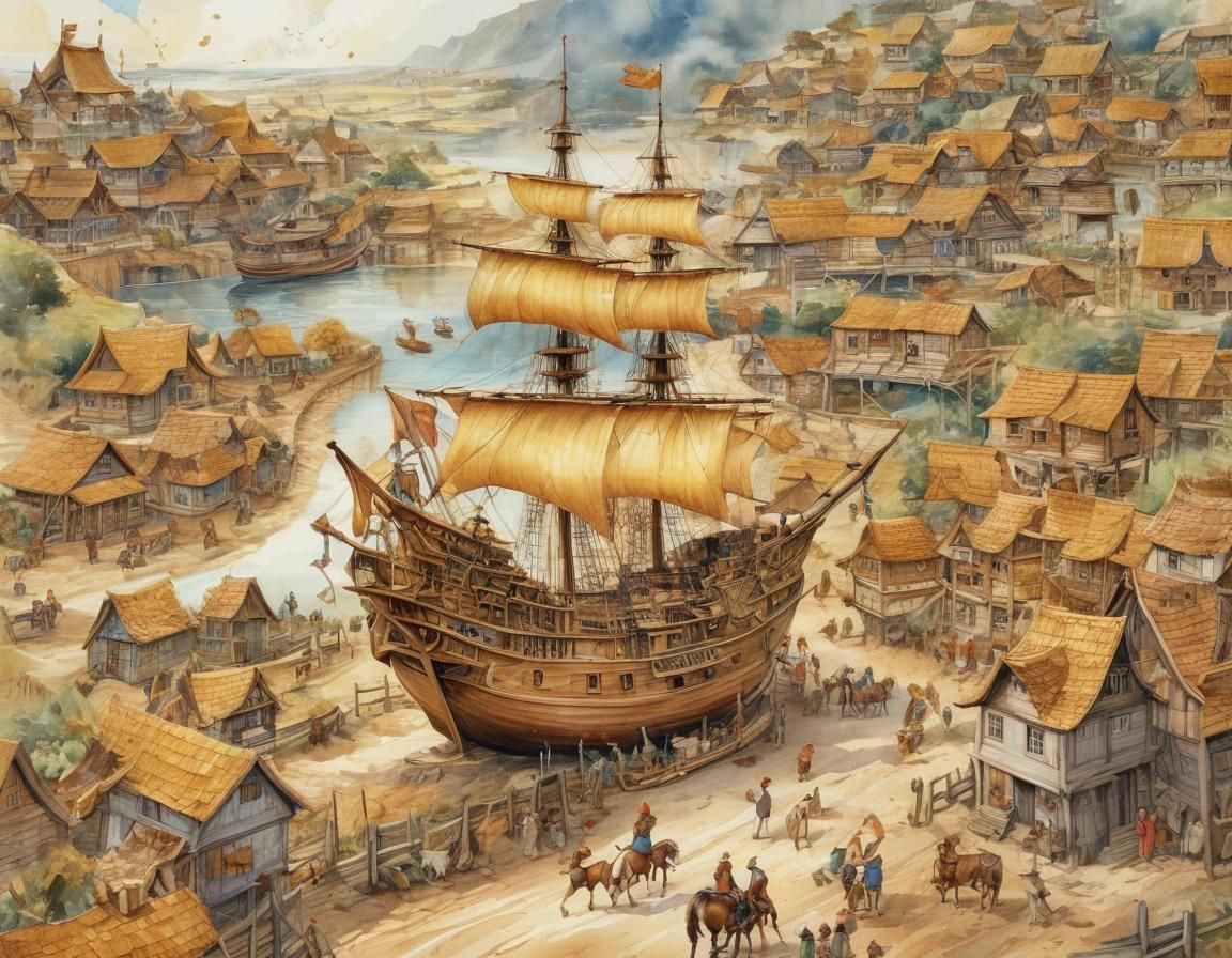 Giant Galleon Soars Above a Vibrant Village Landscape