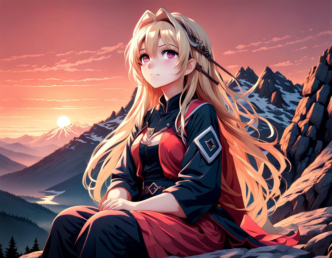 Anime Girl on Mountain at Sunrise