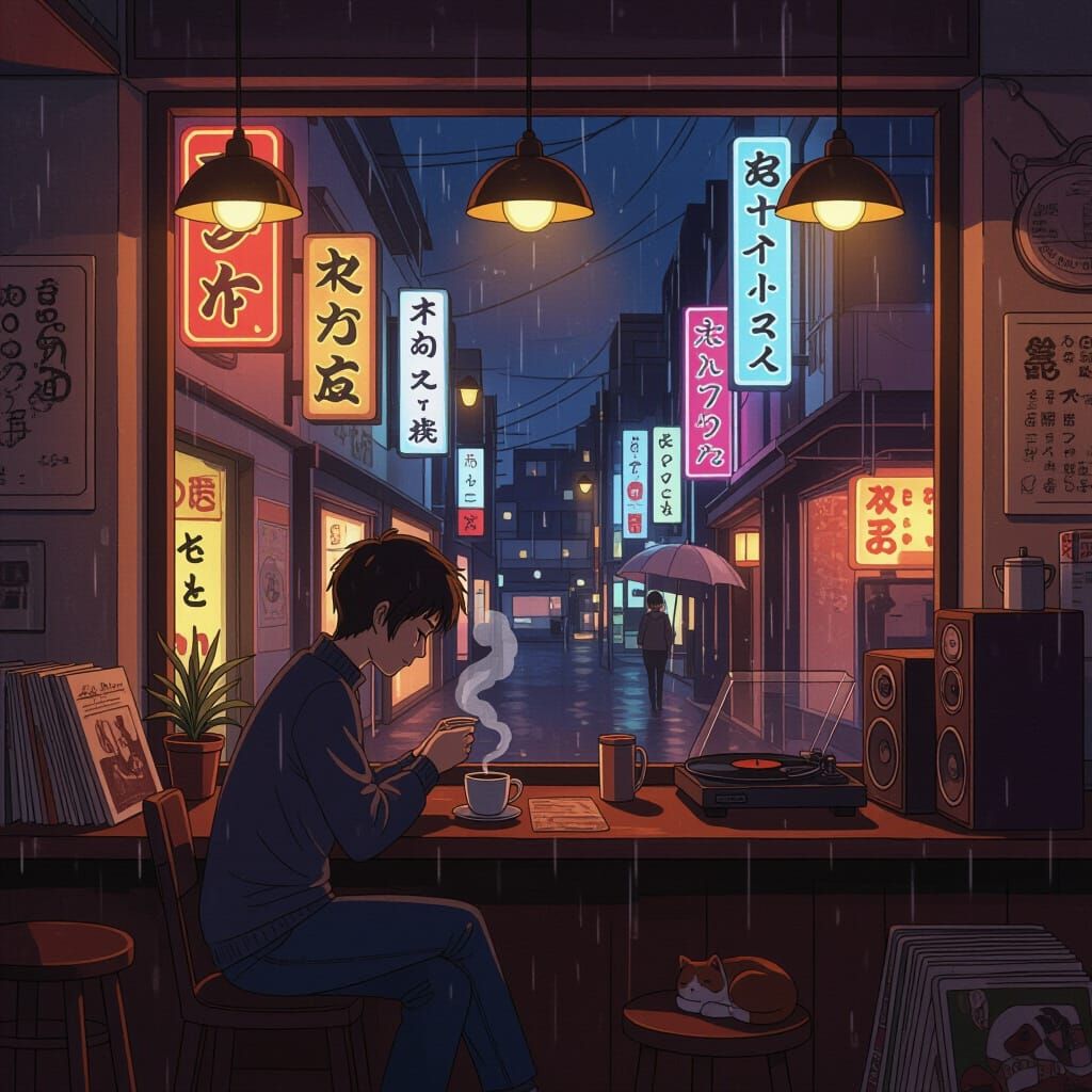 Cozy Tokyo Jazz Cafe at Night in Detailed Manga Style