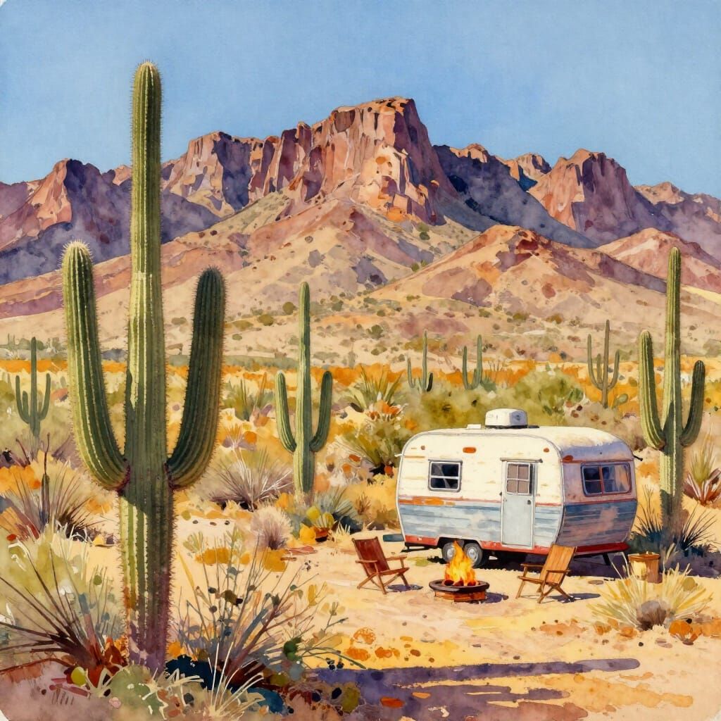 Vibrant Watercolor Desert Landscape with Superstition Mounta...