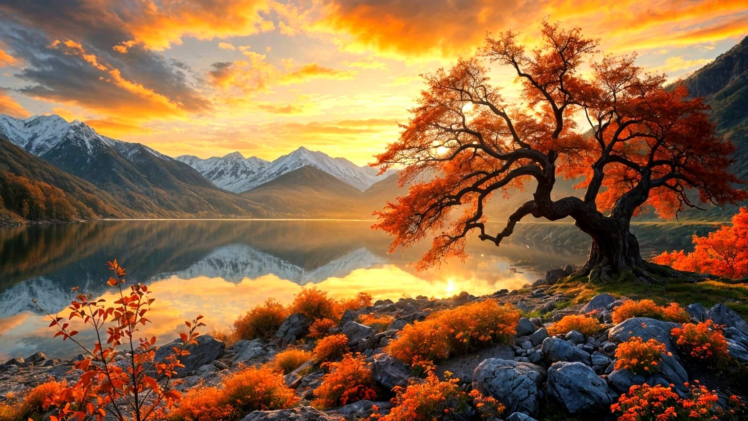 Vibrant Autumn Landscape with Majestic Tree and Tranquil Lak...