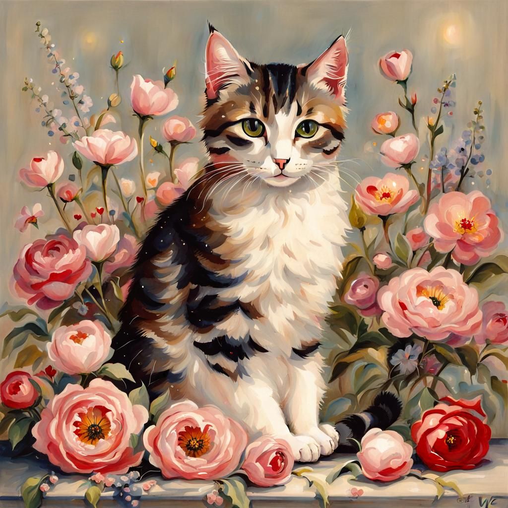 Victorian Cat Surrounded by Flowers and Lights