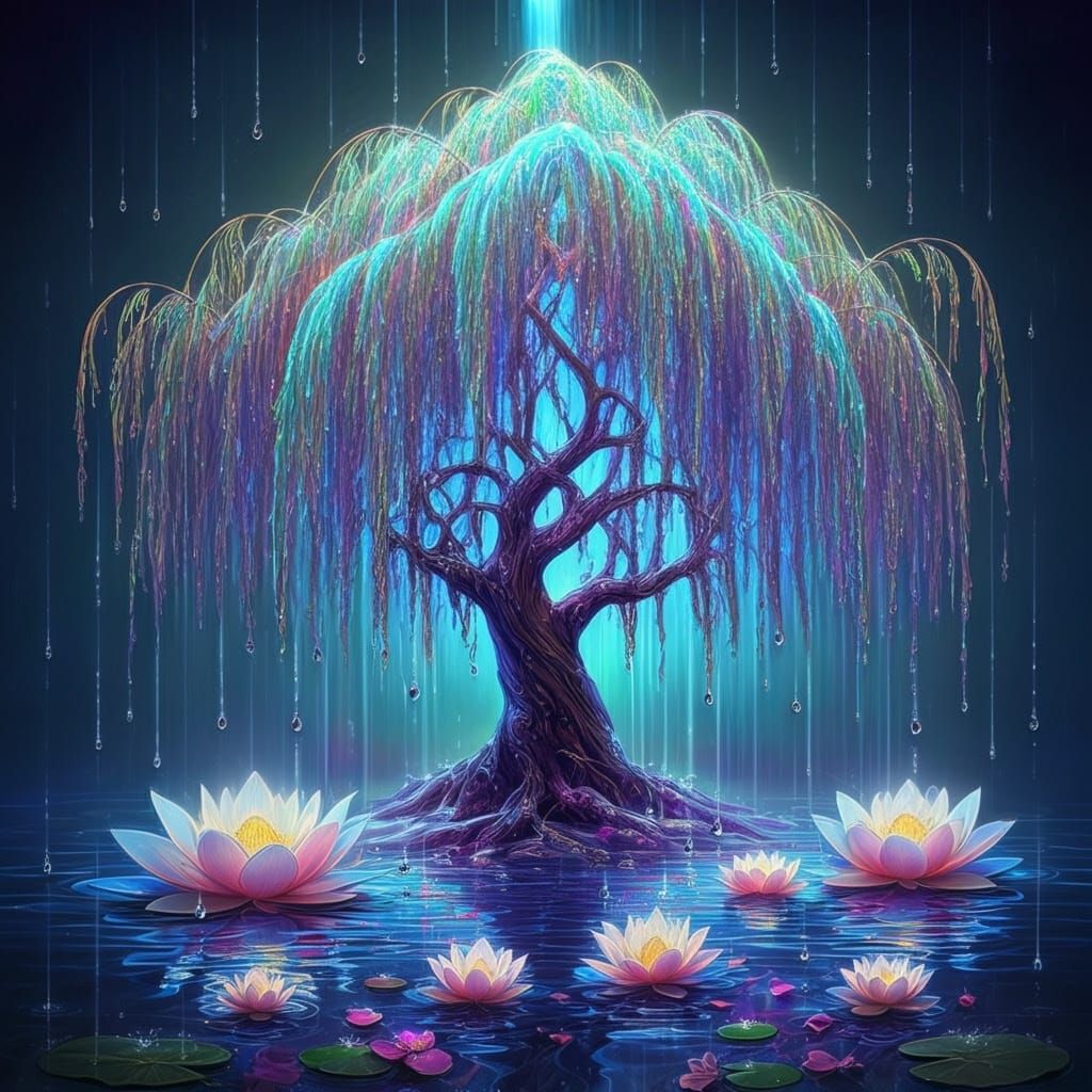 Luminous Willow Tree in Ethereal Aquatic Realm