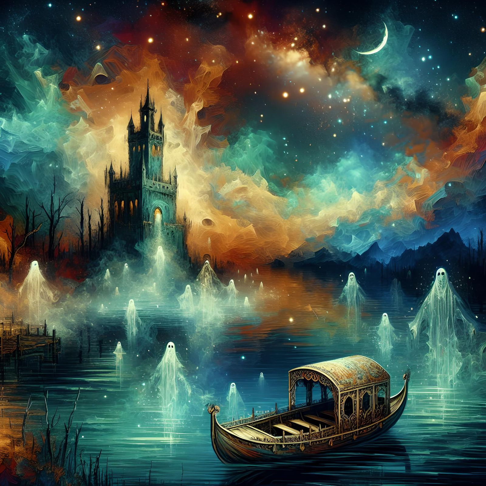 Eerie Lake Tower with Apparitions in Atmospheric Painting