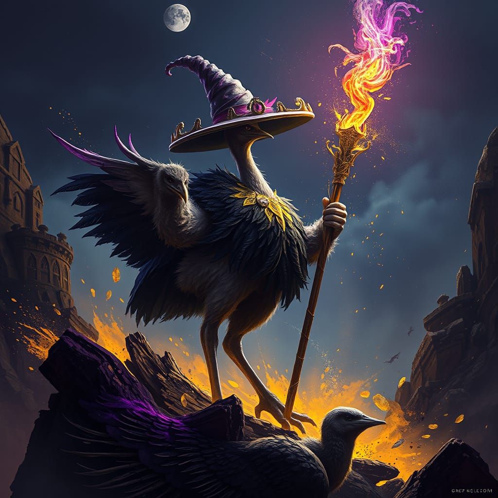 Ethereal Ostrich Wizard in Dark Fantasy Art