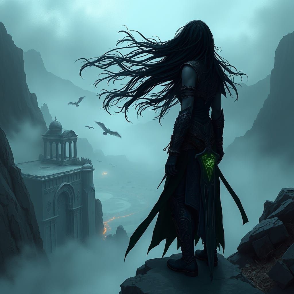 Warrior Woman on Precipice in Dark Fantasy Style