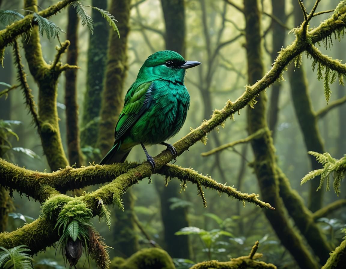 Emerald Bird on Mossy Branch in Forest