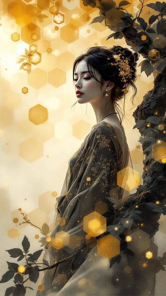 Persian Pin-Up with Honeycomb Overlay in Sumi-e Style