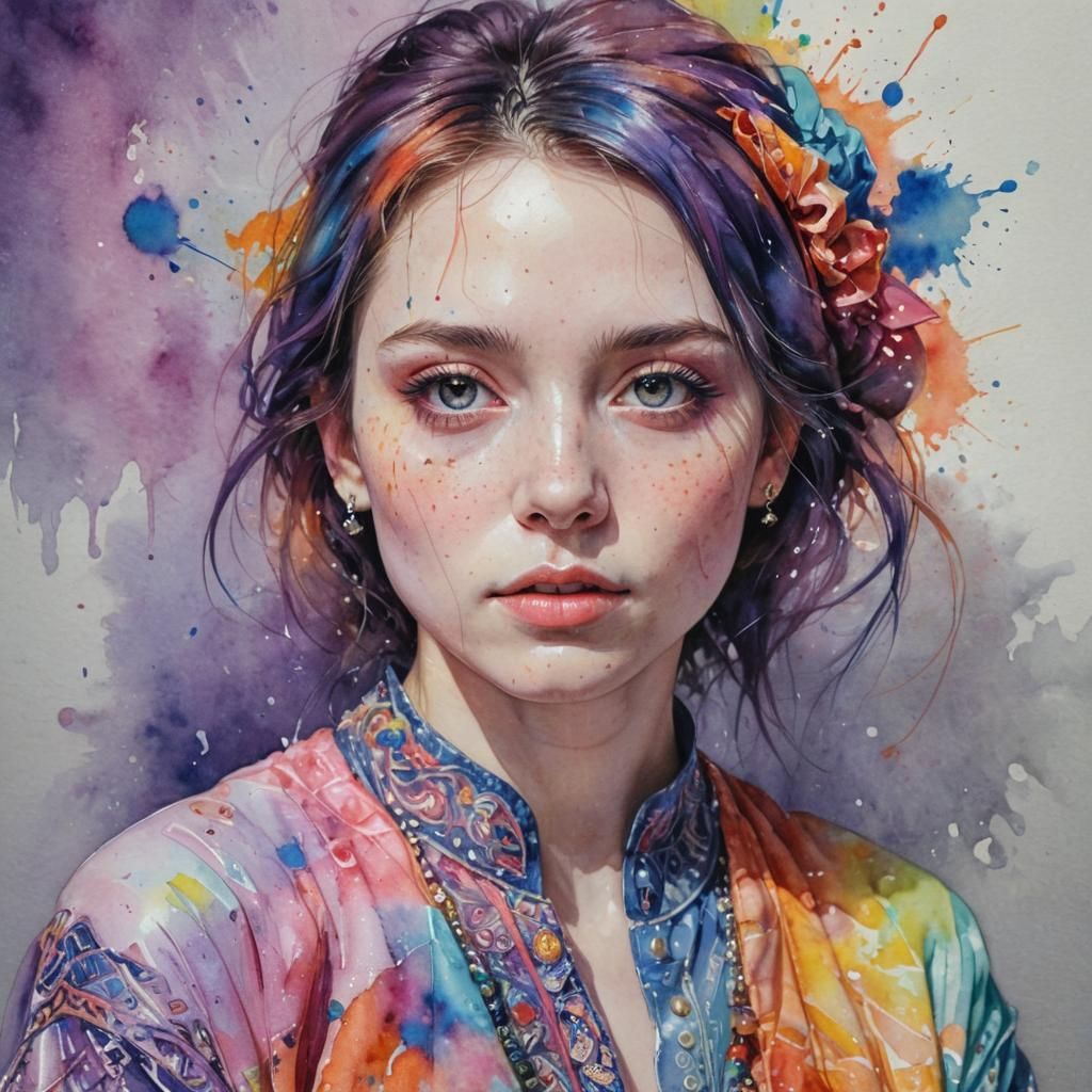 Hyperrealistic Watercolor Portrait of Woman in Colorful Clot...