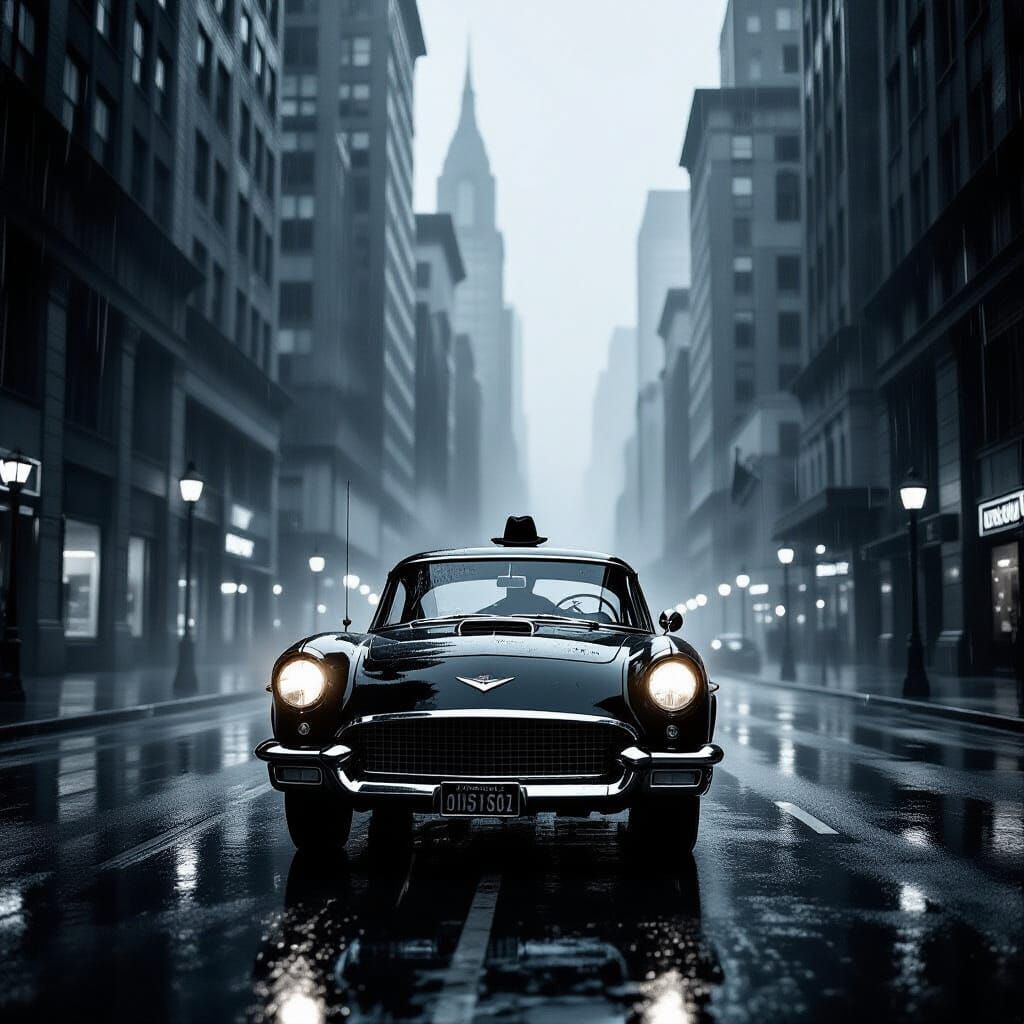 Noir Metropolis: Vintage Car on Rainy Streets