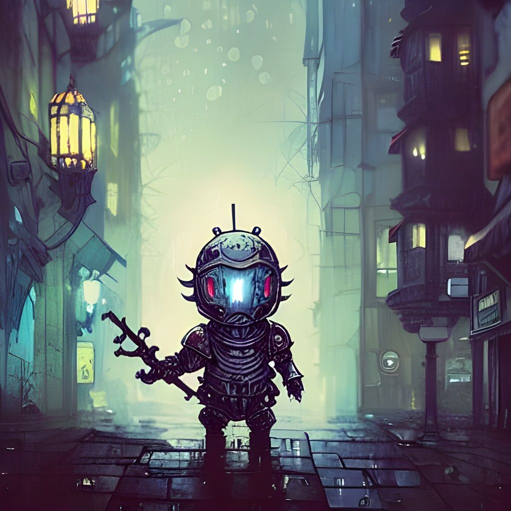 Adorable Armored Ghost in Rainy Medieval City