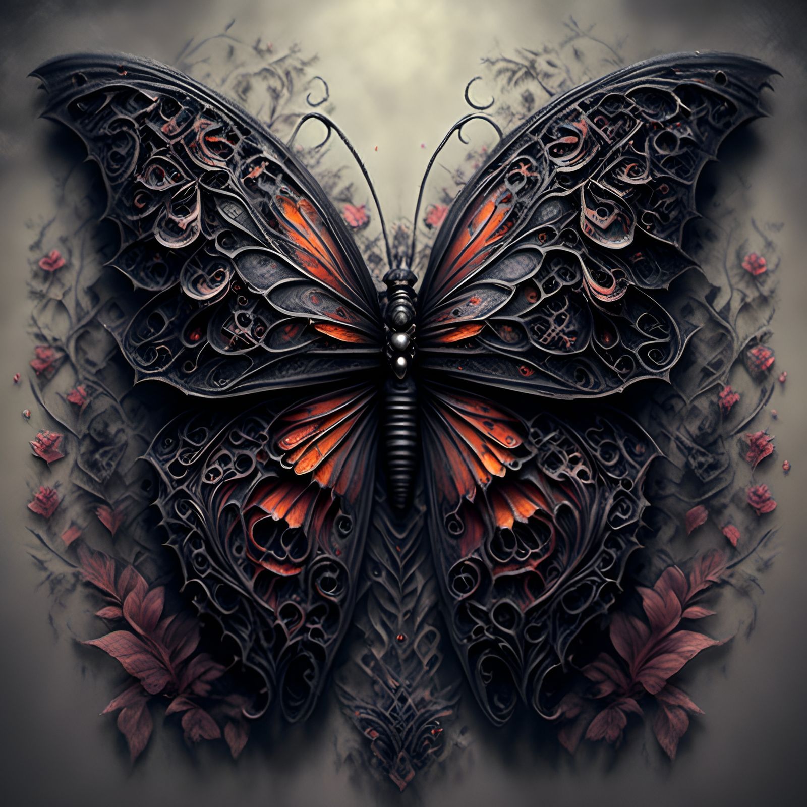 Gothic Butterfly with Skulls in Dark Style