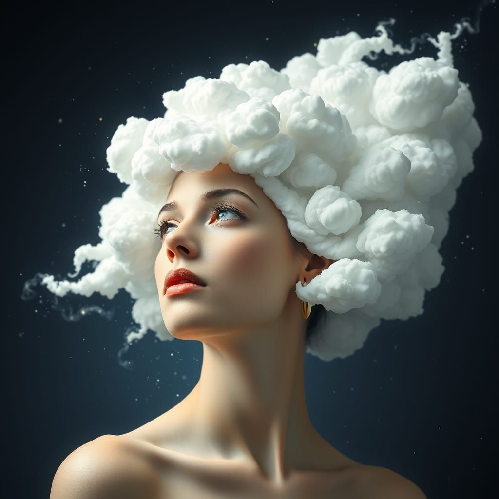 Ethereal Woman with Cloud Hair in Surreal Digital Art