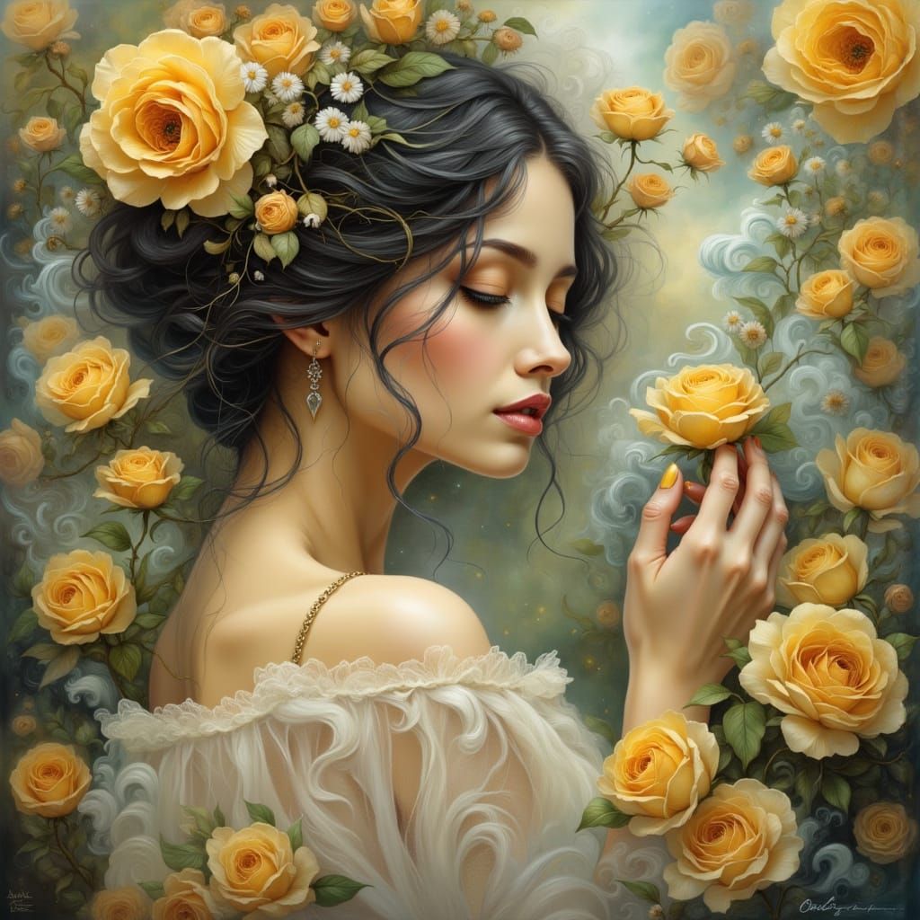Woman with Yellow Roses in Art Nouveau Style