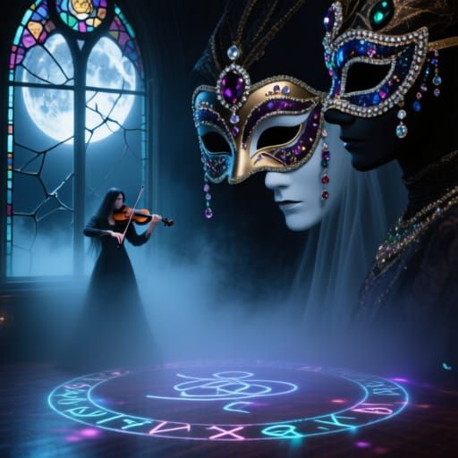 Midnight Masquerade: Ghostly Violinist in Moonlit Ruins
