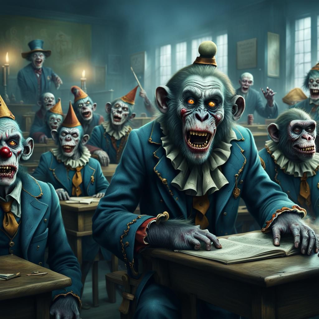 Zombie Monkey Monster Clowns in Schoolroom: Digital Painting